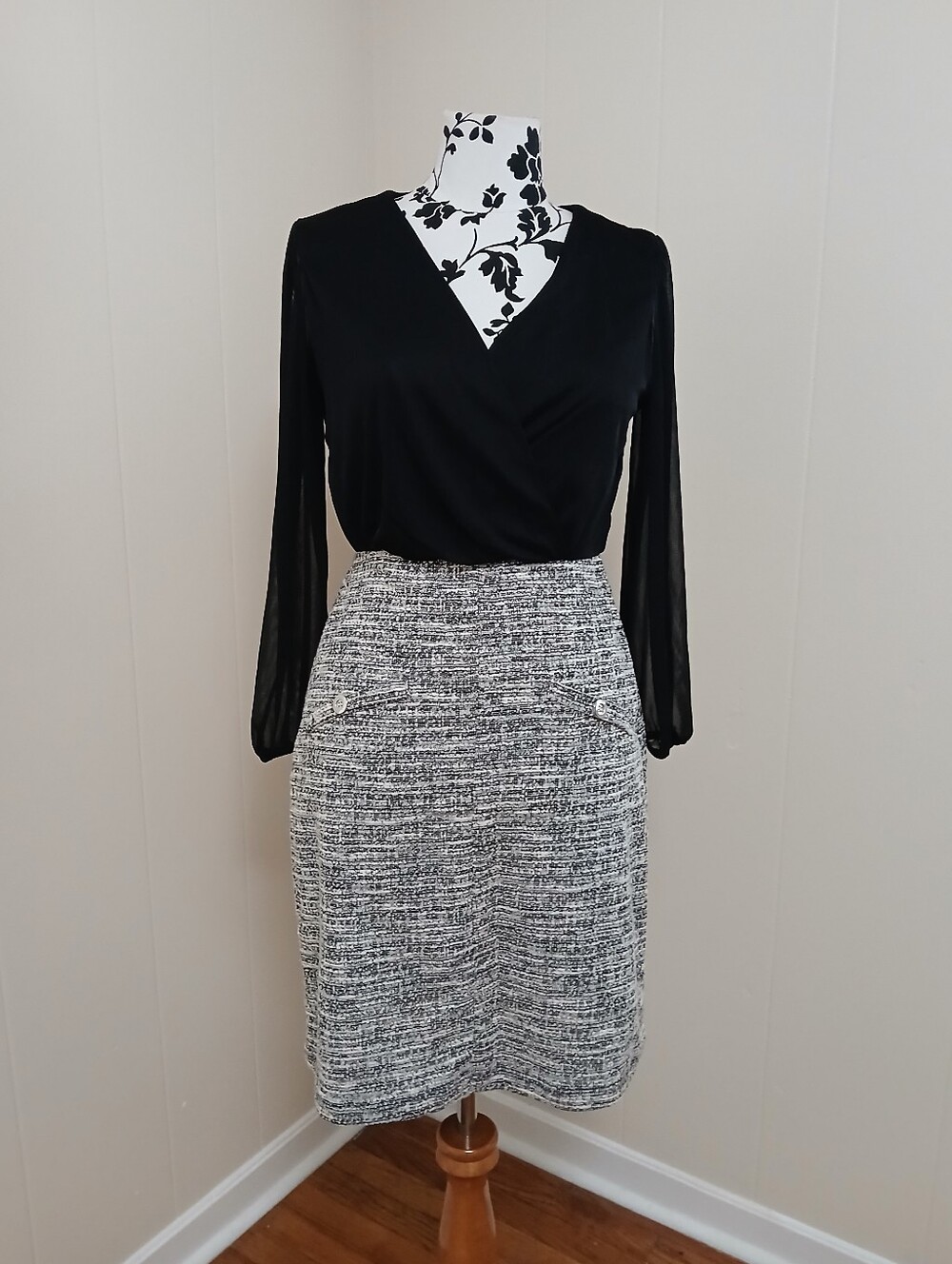 Black Wrap-Style Blouse with Attached Tweed Pencil Skirt
